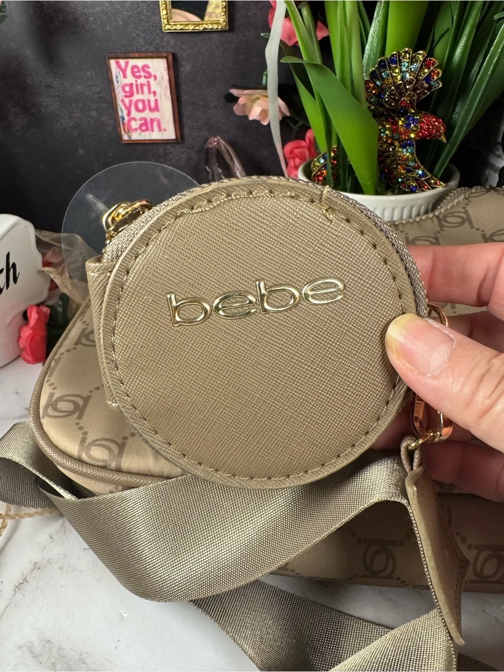 bebe Taupe Logo Crossbody with Gold Chain & Coin Pouch